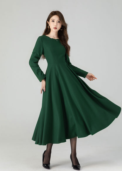 Green Wool Midi Dress - Fit and Flare with Wave Neckline 5429