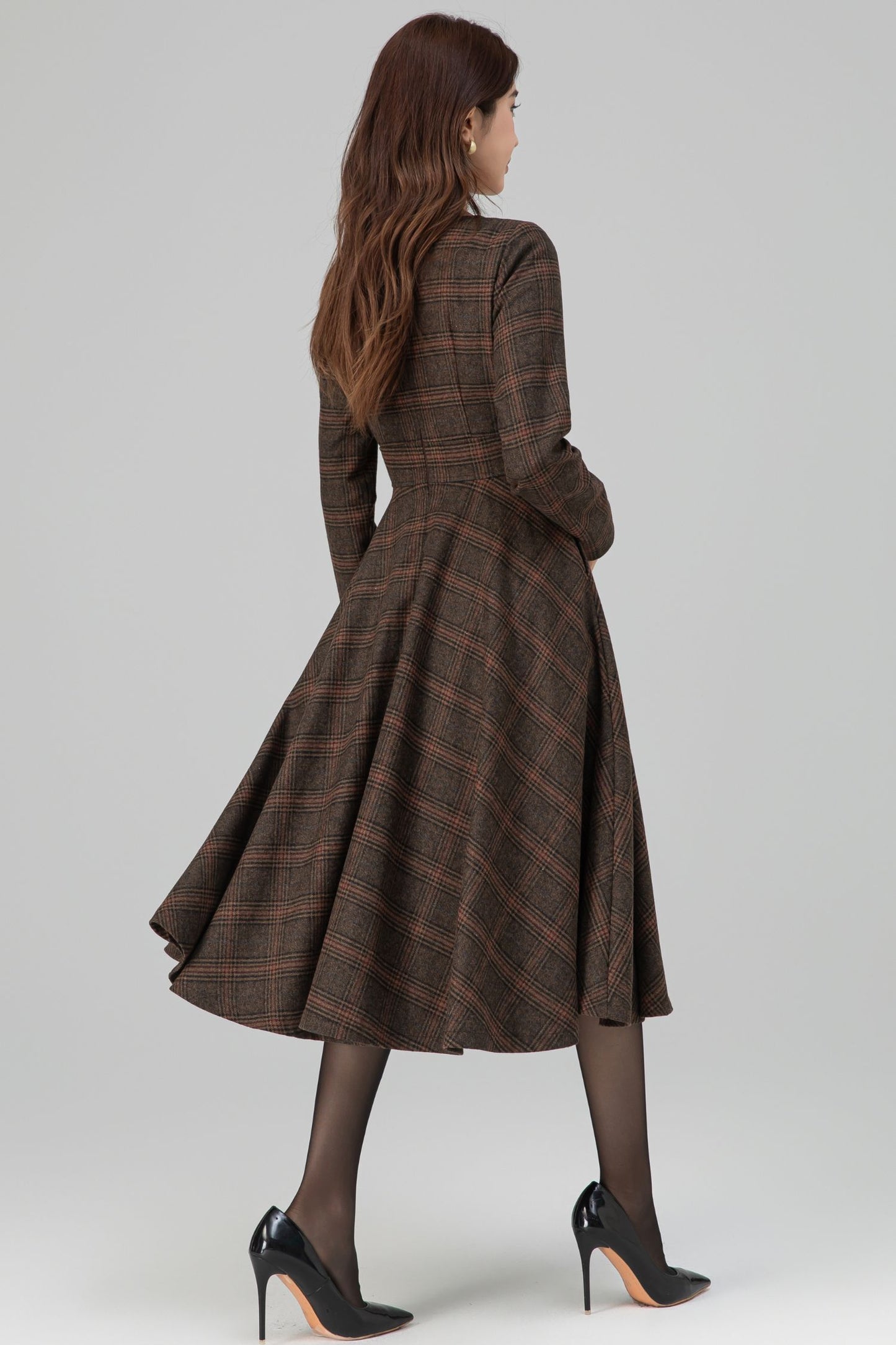 Brown Wool Blend Plaid Dress – Handmade Vintage Midi Winter Style | Xiaolizi 6391