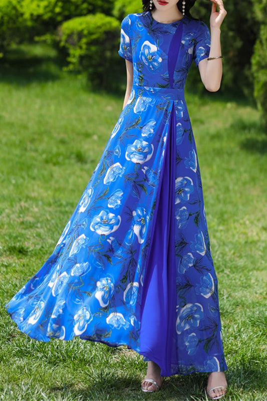 Blue floral printed patchwork summer chiffon dress 4992