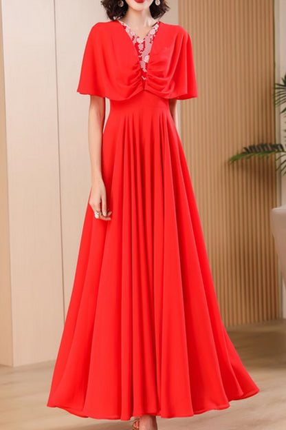 Red Chiffon Maxi Dress - V-Neck Flowy Silhouette 5048