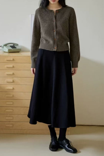 Black Wool Blend Midi A-line Skirt, High Waist Flared Skirt for Women 7025