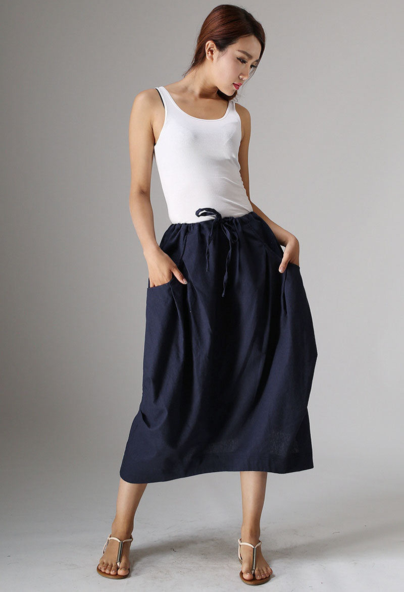 Handmade Linen Cotton Midi Skirt – Drawstring Waist with Big Pockets | Xiaolizi 0983
