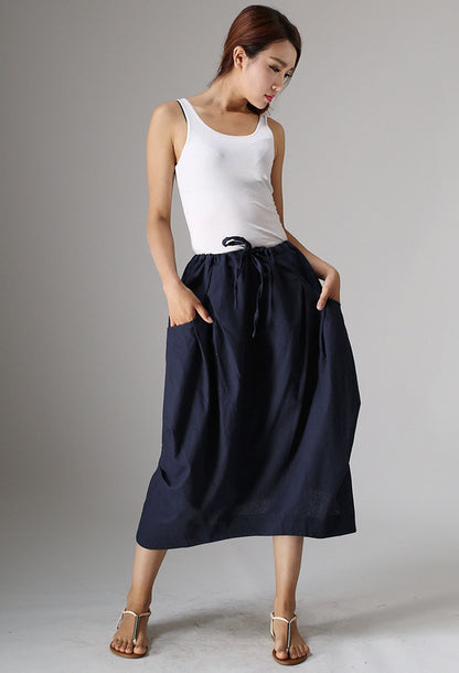 Handmade Linen Cotton Midi Skirt – Drawstring Waist with Big Pockets | Xiaolizi 0983