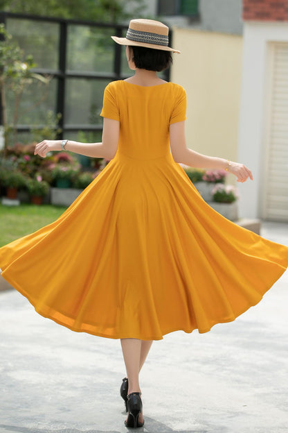 Linen Midi Dress for Women, Square Neckline | Xiaolizi 5981