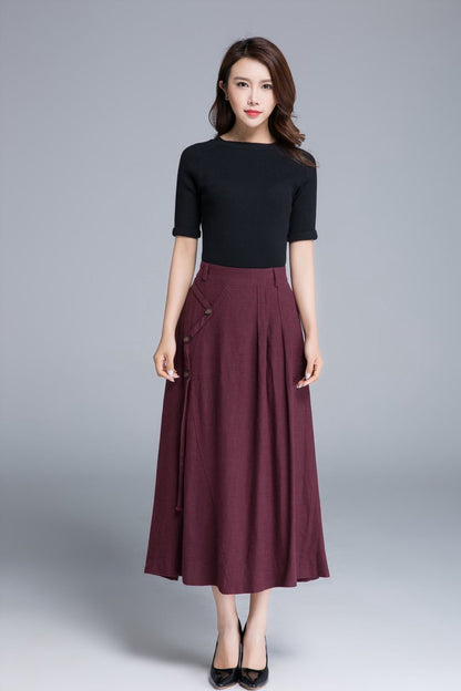 Feminine Burgundy Linen Maxi Skirt – High-Waist A-Line Buttons – 1672