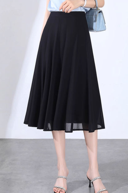 Green Chiffon A-Line Midi Skirt - Flowy Swing Silhouette 6129