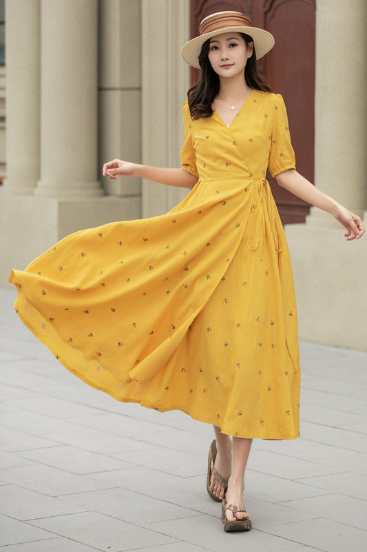 Yellow flower embroidery midi wrap linen dress 4947