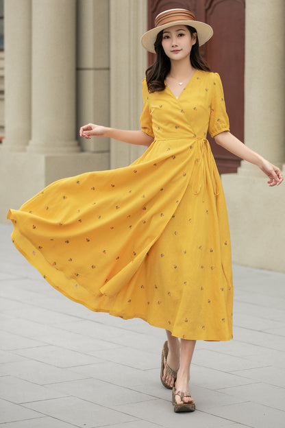 Yellow Cotton Linen Wrap Midi Dress - Floral Embroidery V-Neck | Xiaolizi 4947