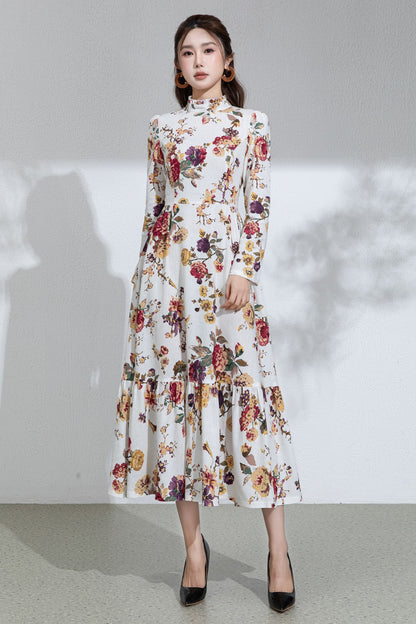 Floral Cotton Linen Maxi Dress: Ruffle High Neck Long Sleeve Dress 6713
