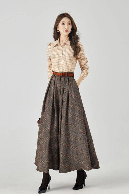 Plaid Wool Maxi Skirt – Handmade Brown Winter Full Skirt with Pockets | Xiaolizi  5251