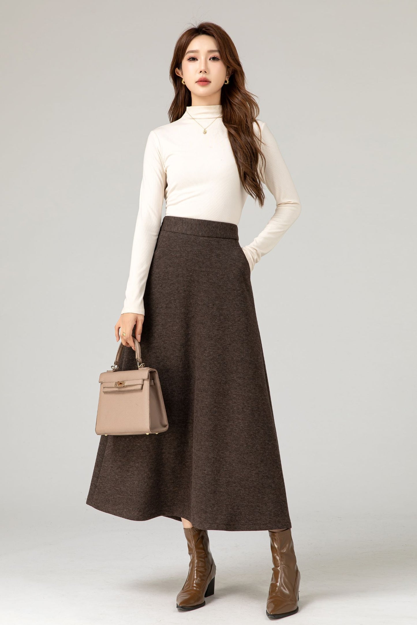 Brown a line winter wool skirt women 5483