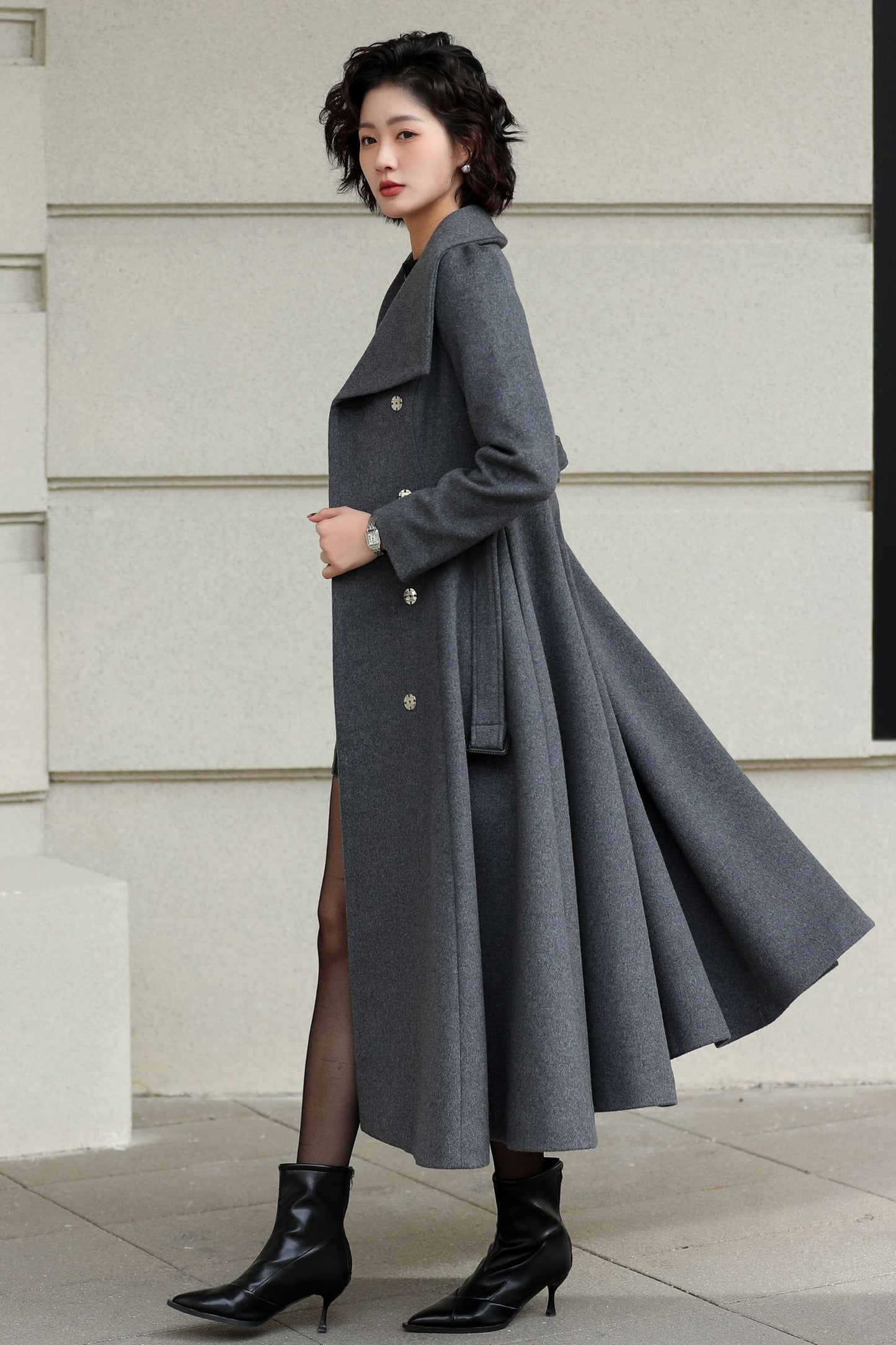 Handmade Vintage Wool Coat – Gray Fit and Flare Belted Midi Winter Coat 6617