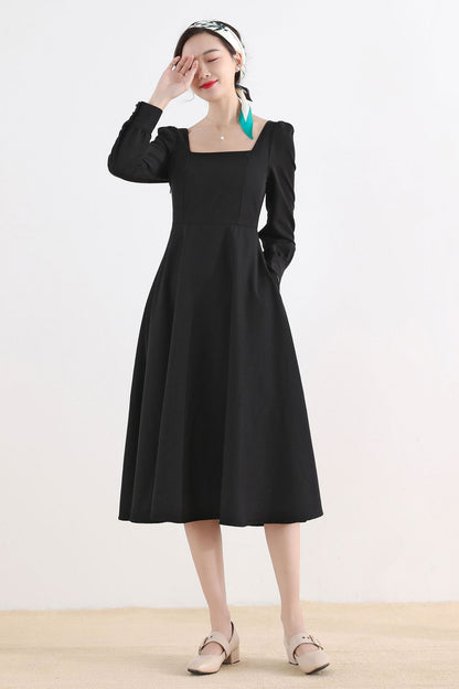Black Linen Cotton Midi Dress - Square Neckline, Long Sleeve Swing 2514