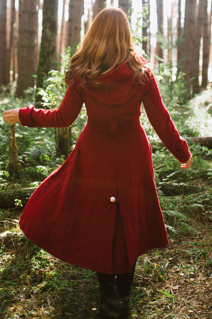 Burgundy Wool Coat Maxi - Hooded, Double Breasted, Self Tie Waist 3218