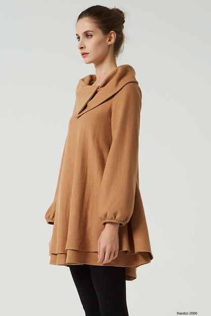 Vintage Wool Tunic Dress – Camel Brown with Asymmetrical Collar – 2066