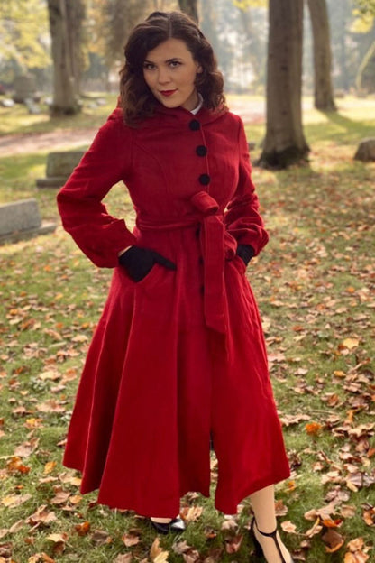 Red Wool Blend Hooded Coat - Fit-and-Flare with Tie Belt Waist 3225