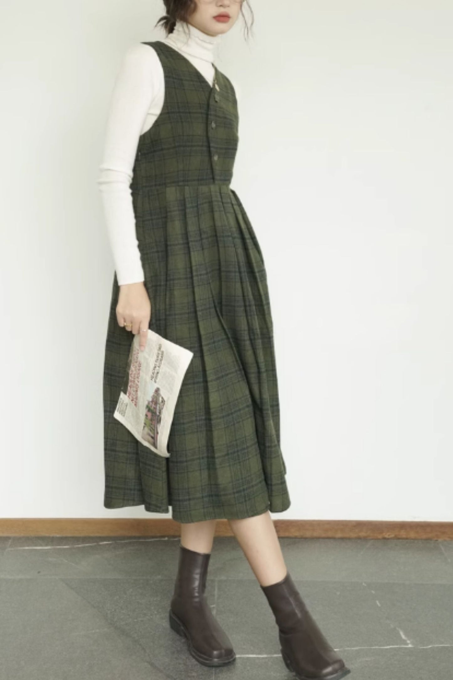 Sleeveless plaid autumn wool dress women 5414