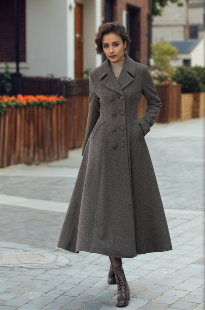 Timeless Wool Maxi Coat – Dark Brown Double Breasted Silhouette – 6296