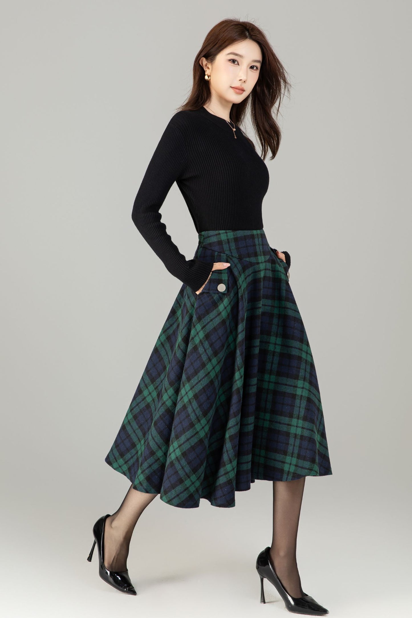 Xiaolizi Plaid Wool-Blend Pleated A-Line Midi Skirt – Plus-Size Winter 6502