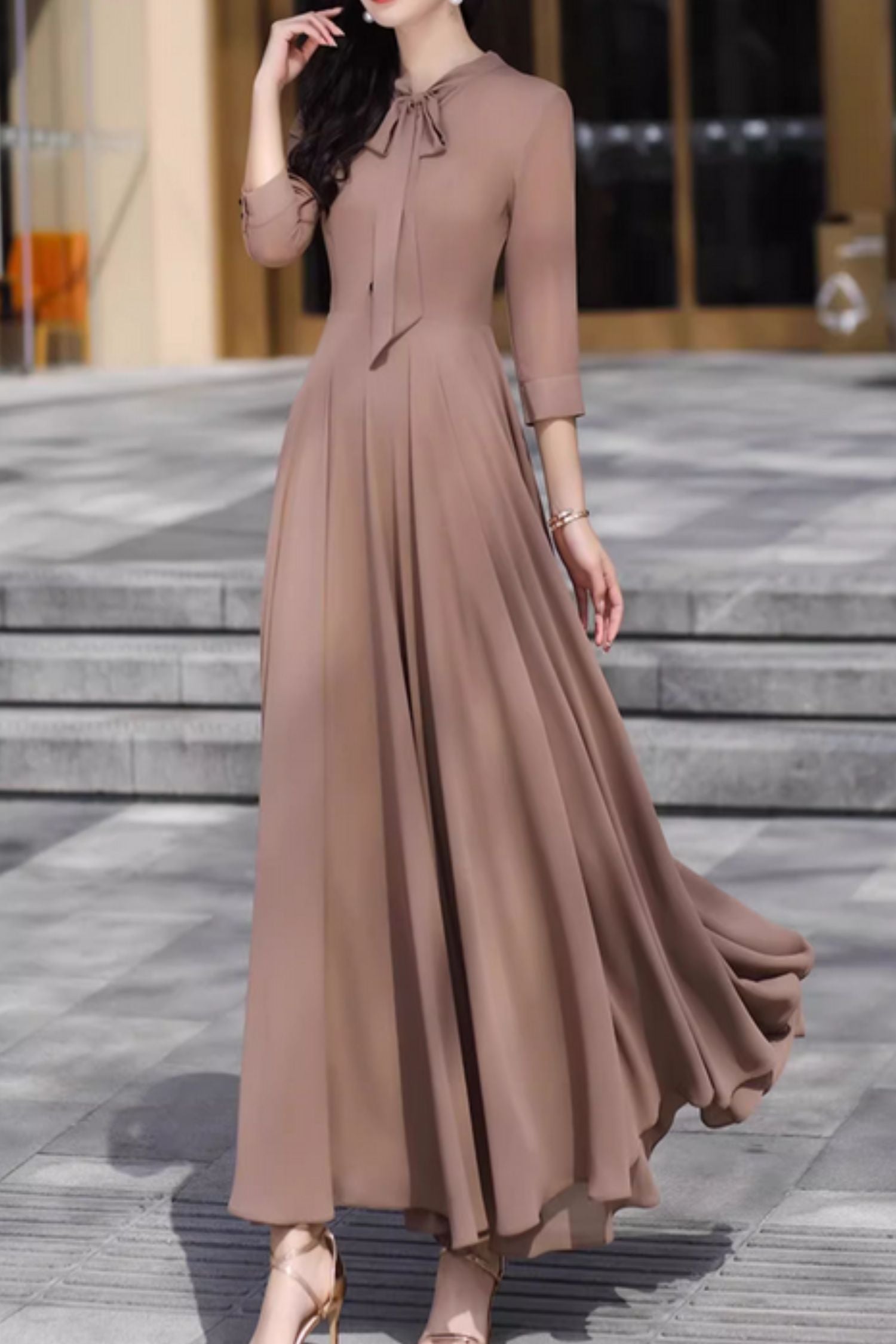 brown chiffon maxi dress Brown Chiffon One Shoulder Scarf Detail Maxi Dress