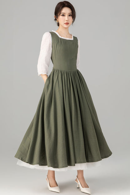 Army Green Linen Cotton Midi Dress - Square Neck Ruffle | Xiaolizi 5705