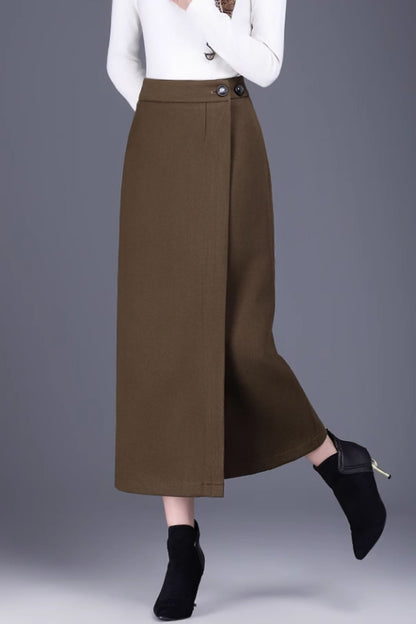 Brown Wool Wrap Midi Skirt - Adjustable Fit, Winter Warmth 6139