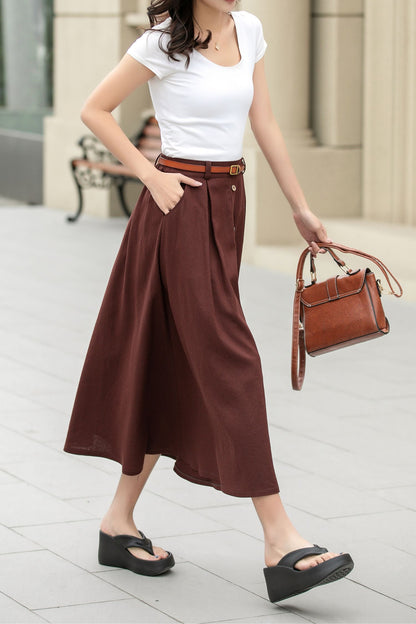 A line brown button front midi linen skirt 4949