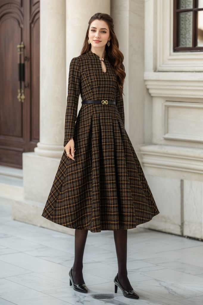 Plaid Wool Dress – Vintage Long Sleeve Winter Midi