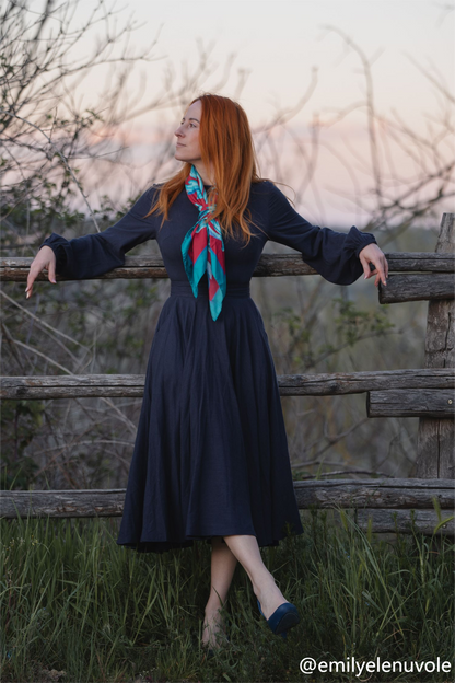 Navy Linen Cotton Midi Dress - Fit and Flare with Lantern Sleeves 5104