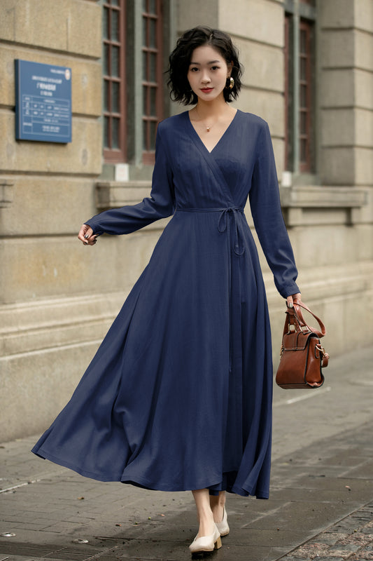 Handmade Linen Cotton Wrap Midi Dress – Vintage Elegant V-Neck Swing Dress 6301
