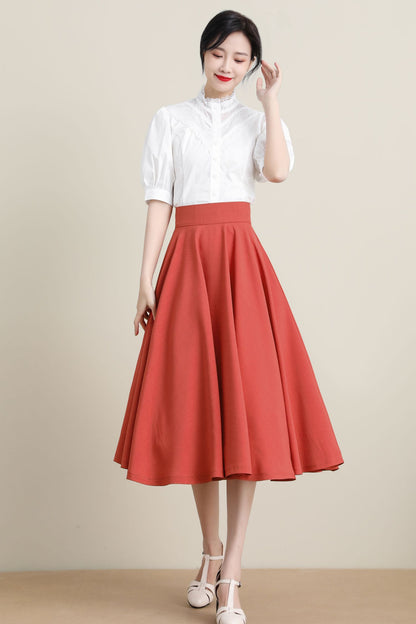 Orange Cotton Midi Skirt - High Waist Retro Circle Swing | Xiaolizi 3312
