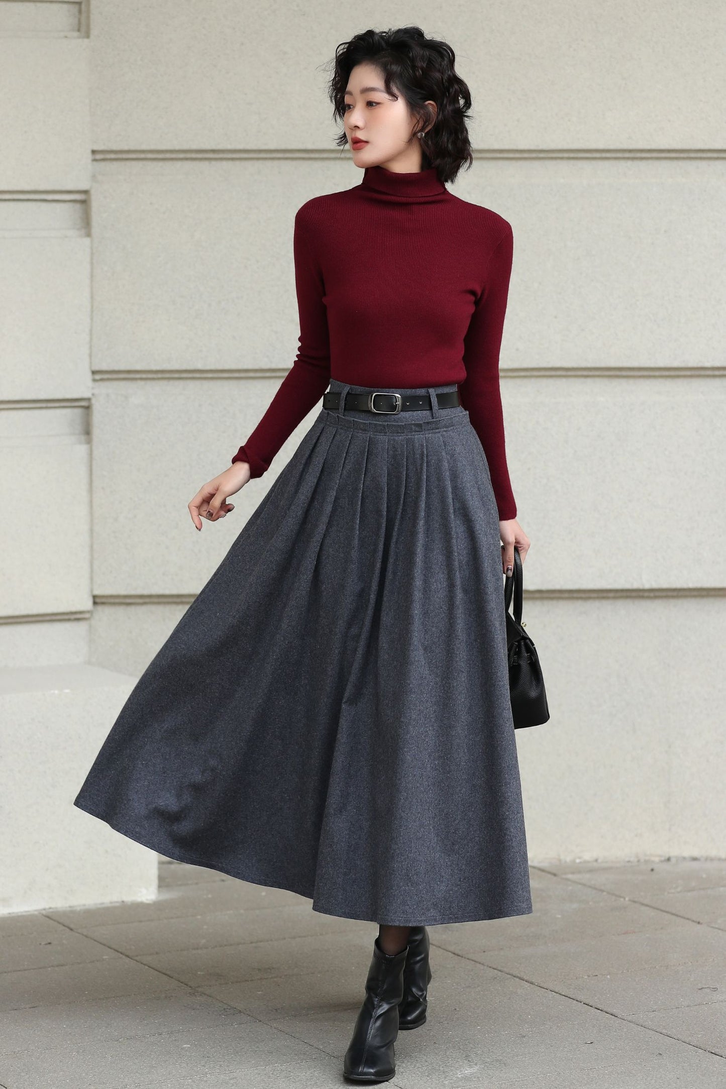 Handmade Vintage Wool Skirt – Gray Pleated A-Line Midi Skirt for Winter 6613