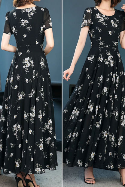 Black flower printed maxi chiffon dresses 5011