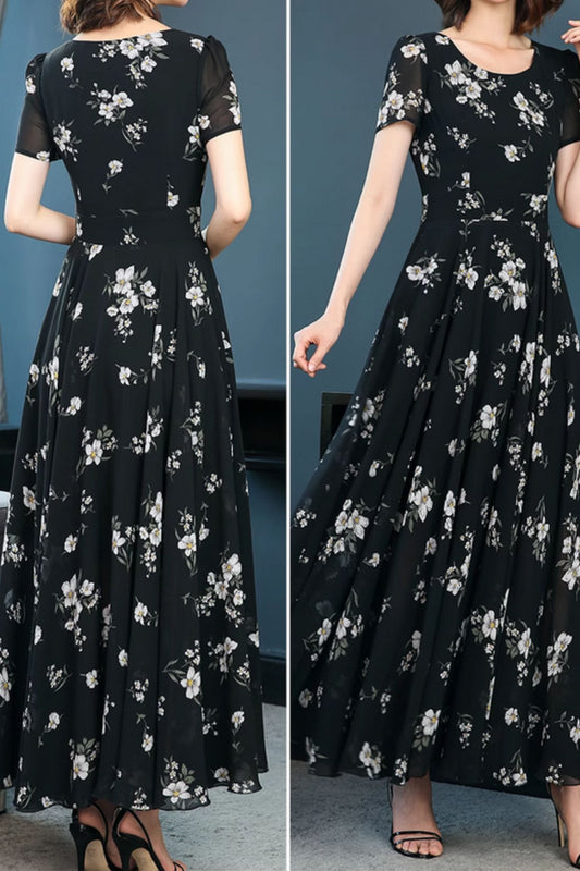 Black flower printed maxi chiffon dresses 5011