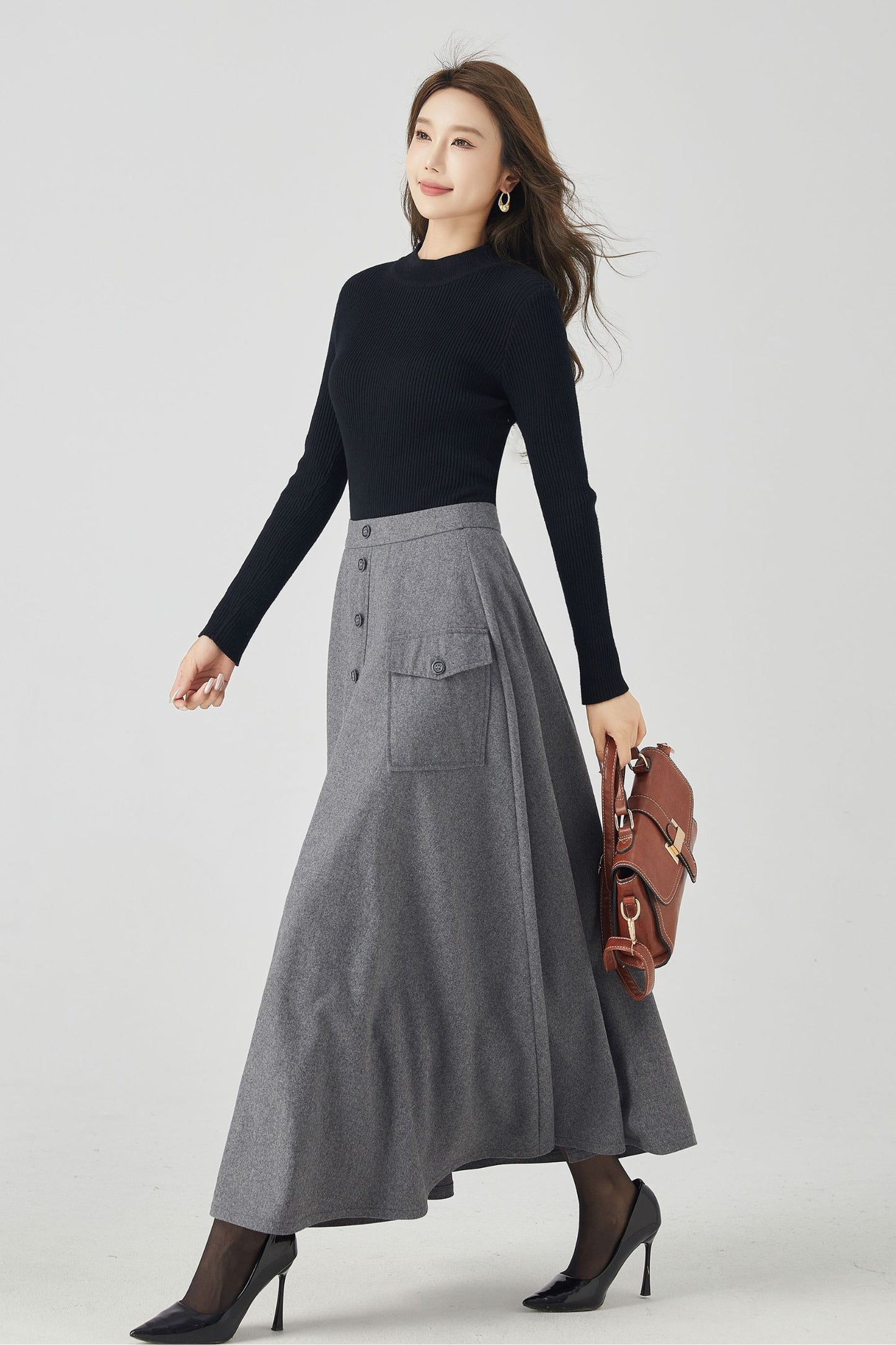 Gray a line long wool winter skirt 4529