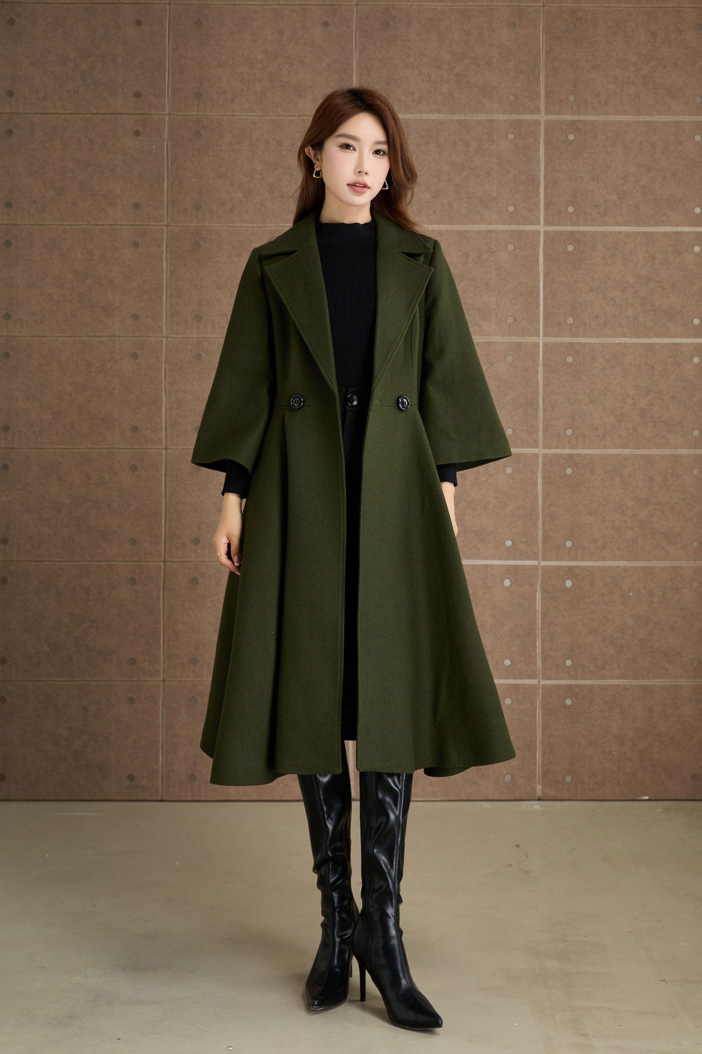 Green princess long winter wool coat 5364