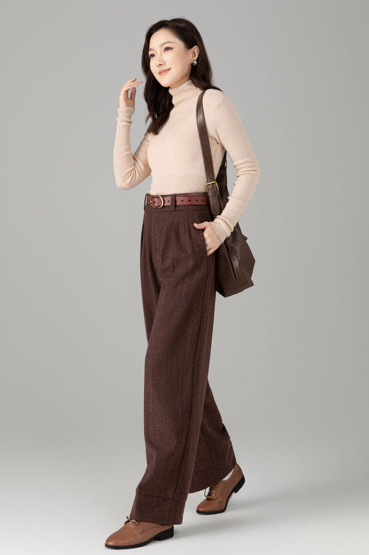 Women’s Chocolate Wool Trousers – Elegant Handmade High-Waist Pants | Xiaolizi 6464