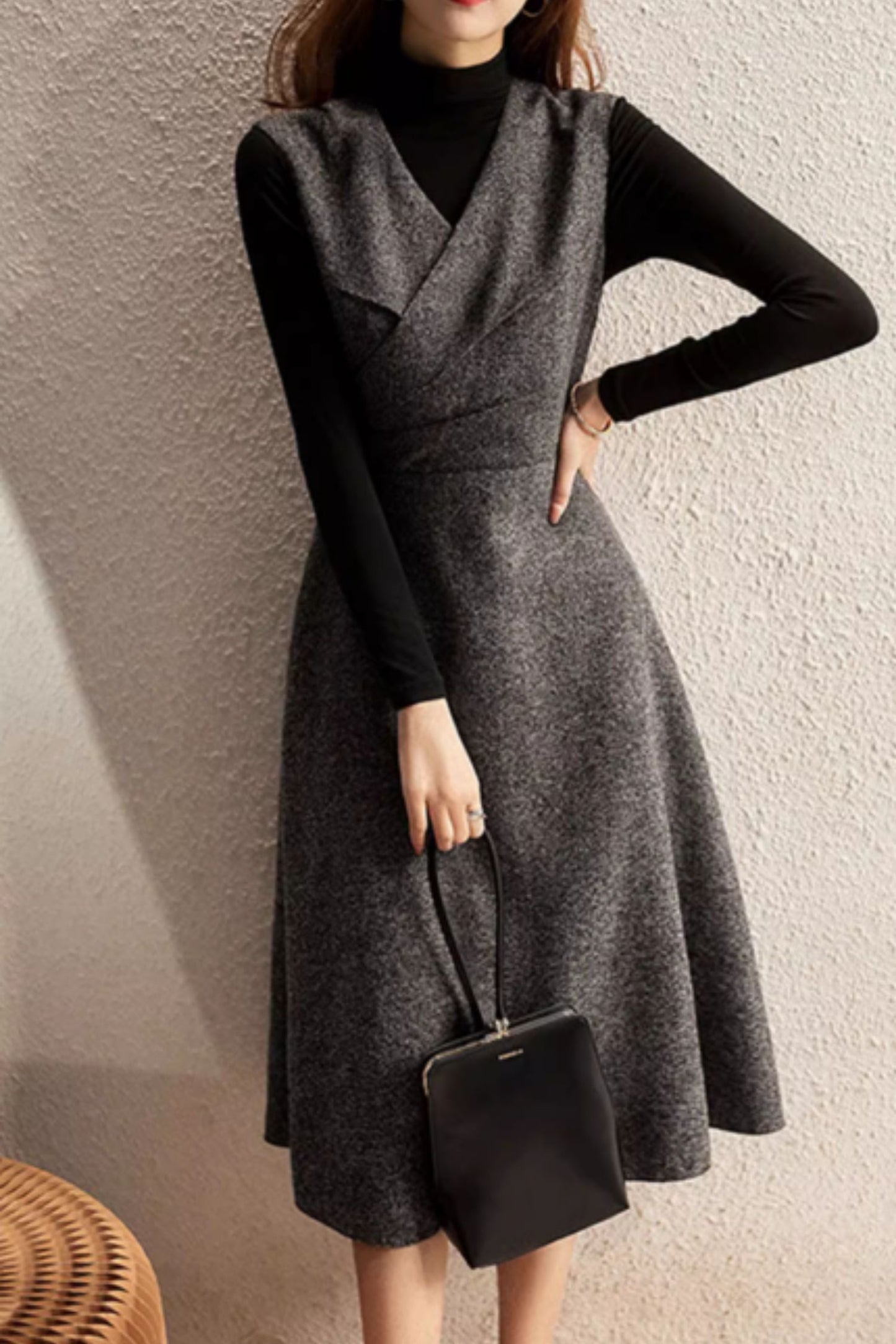 Gray sleeveless winter wool dress women 5277