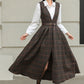 Brown Plaid Wool Midi Dress – Vintage Sleeveless Pinafore Swing Dress 6417