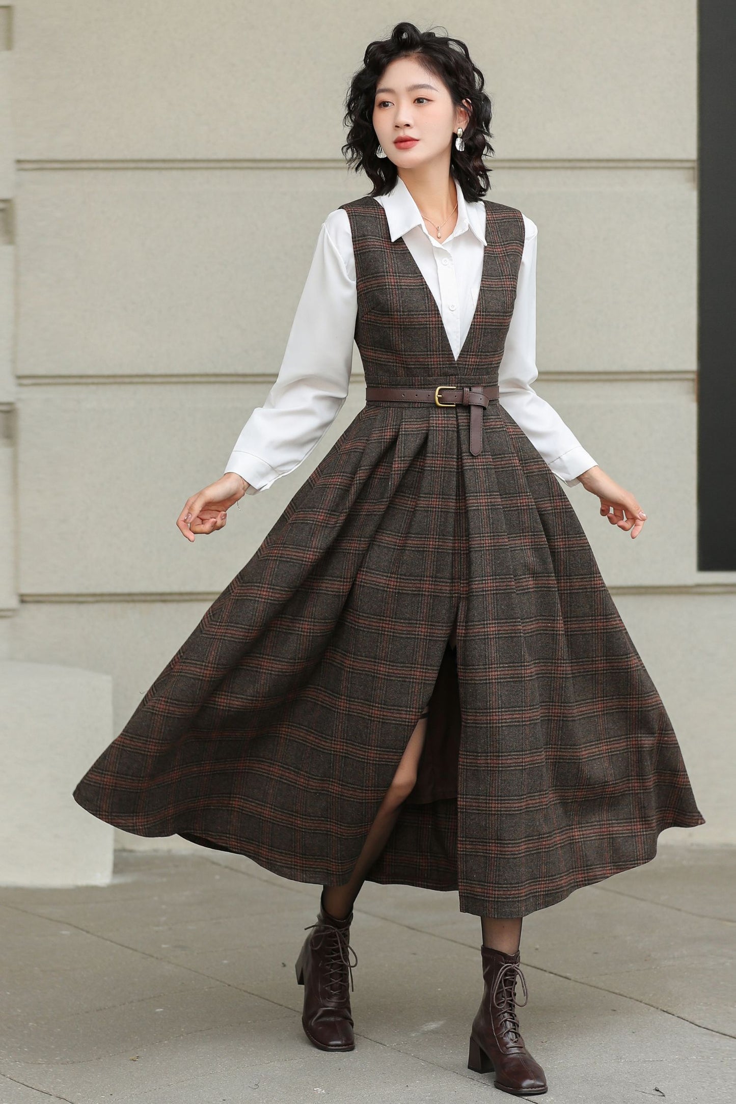 Brown Plaid Wool Midi Dress – Vintage Sleeveless Pinafore Swing Dress 6417