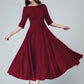 Handmade Red Linen Cotton Midi Dress – Elegant Occasion Fit & Flare with Pockets 6632