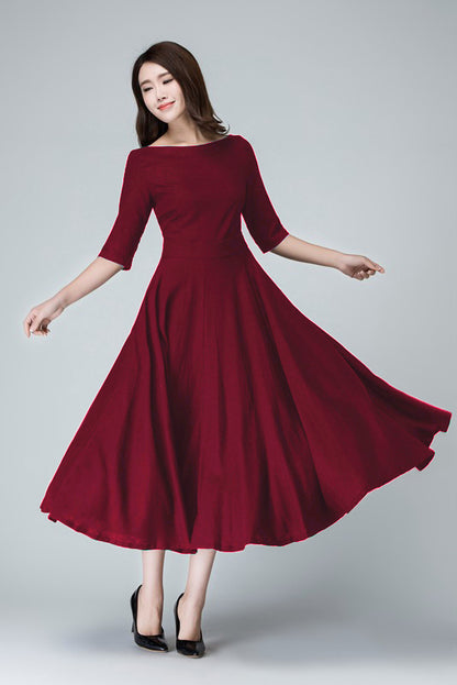Burgundy Linen Midi Dress – Handmade Fit & Flare Elegant Day to Evening Dress | Xiaolizi 6632