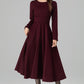 Burgundy Wool Dress – Handmade Long Sleeve Fit & Flare Winter Midi | Xiaolizi 6392