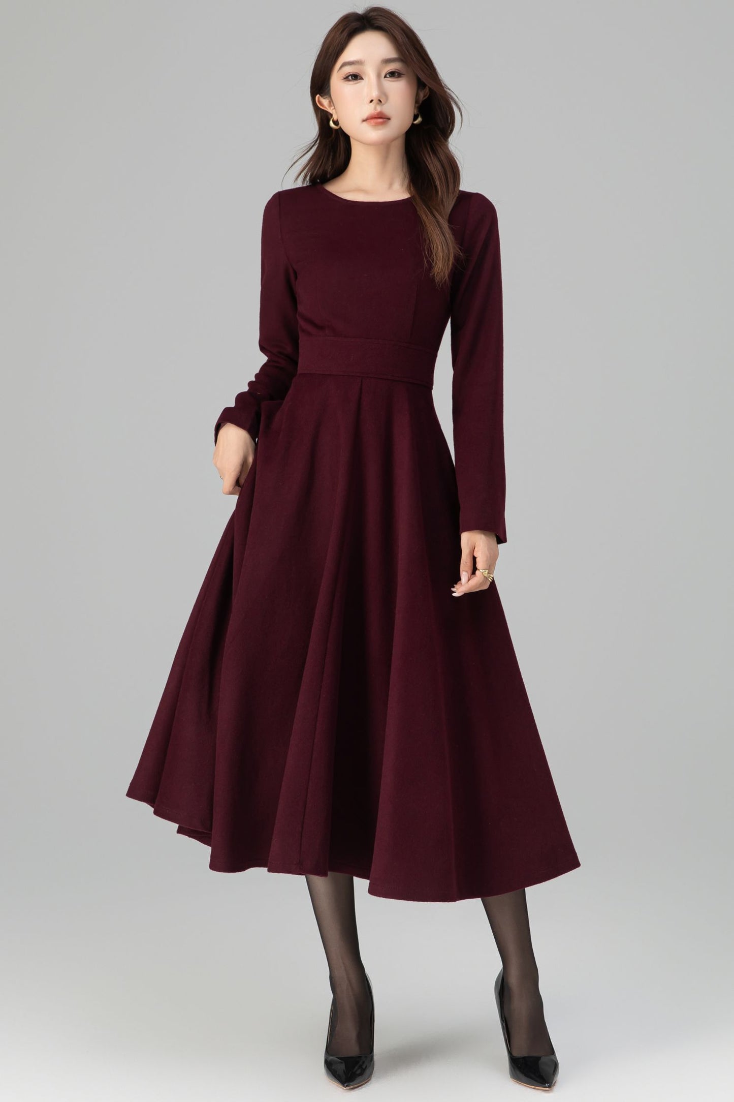 Burgundy Wool Dress – Handmade Long Sleeve Fit & Flare Winter Midi | Xiaolizi 6392