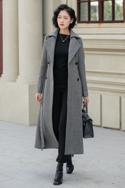 Gray Wool Long Trench Coat - Double Breasted Tie Belt 5455