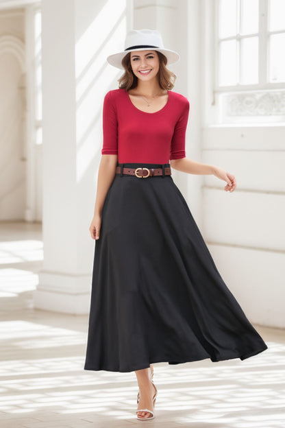 Black A Line Maxi  Linen Skirt with Pockets  2779