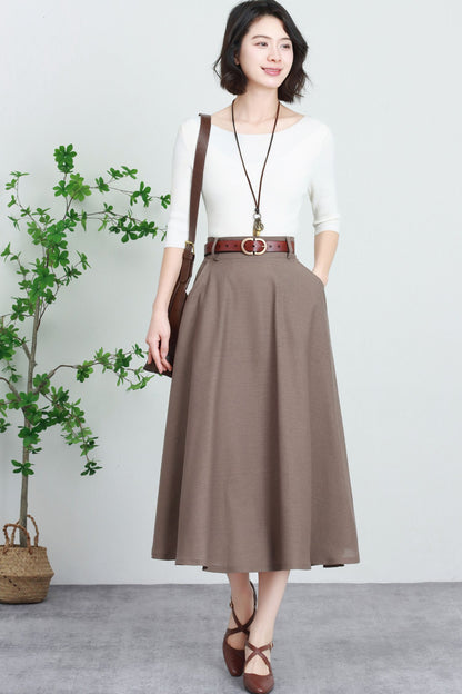 Beige Linen Cotton Midi Skirt - High-Waisted A-Line with Pockets 5740