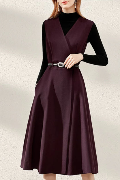 Burgundy Wool Blend Midi Dress – Sleeveless V-Neck Winter Dress with Pockets 5278