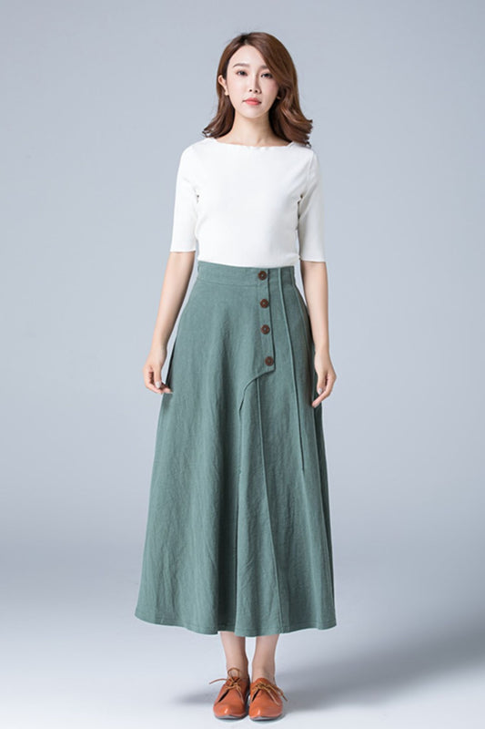 Green maxi A line summer linen skirt 1775