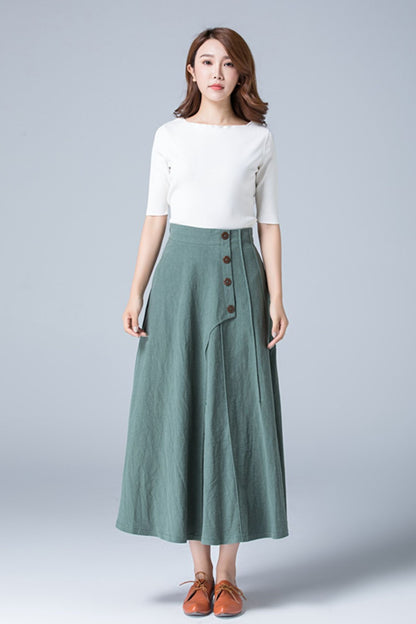 Green Linen Maxi Skirt - A-Line with Button Detail 1775